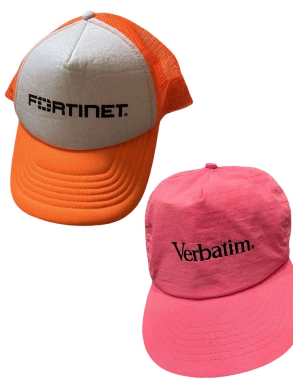Trucker Hat Lot Of 2 Mesh VTG Verbatim Fortinet & Cap Tech Computer Neon Orange